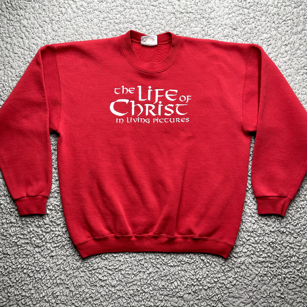 Vintage Lee Heavyweight Sweater Mens XL Red Life Of Christ in Living Pictures